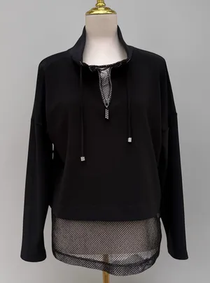 Joseph Ribkoff‎ Mesh Insert Shirt Hem Rhinestone 1/4 Zip Black Mock Neck Grunge thumbnail 1