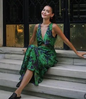 Zara maxi floral satin dress wedding evening party Floral Green Cutout Dress thumbnail 6