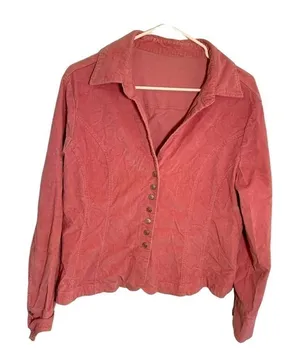 Women's Corduroy Shirt Jacket Snap Up V-Neck Pink Long Sleeve Unlined thumbnail 1