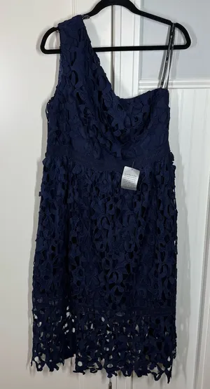 Chi chi London Curve One Shoulder Skater‎ Crochet Dress In Navy size 14 NWT thumbnail 1