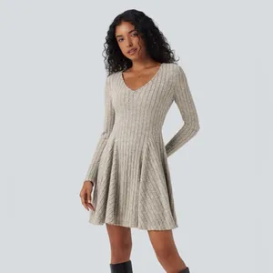 HALARA Ribbed Knit V Neck Long Sleeve Flare Mini Casual Dress NWT Size Small thumbnail 3