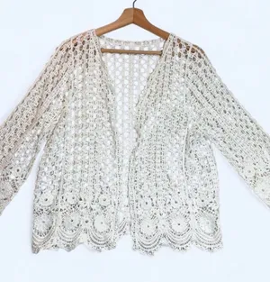 Vintage Style White Crochet Cardigan‎ Open Front Shrug Coquette Boho Knit thumbnail 1