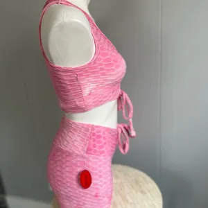 Hot Kiss Pink Textured Two Piece Set Ruched Crop Top & High Waist Shorts Size S thumbnail 3