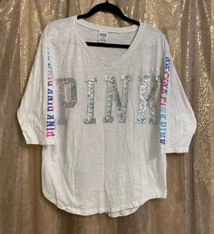 PINK Victoria’s Secret Watercolor Sequin Bling Oversized White T-Shirt, M thumbnail 1