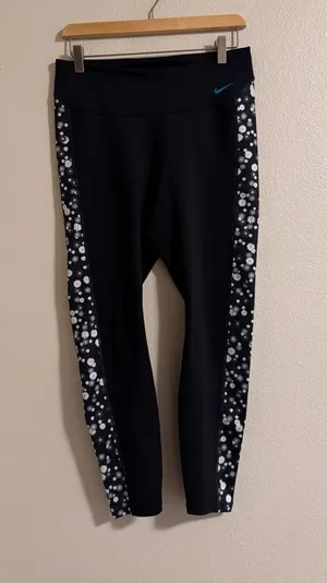 Nike Black Leggings with White daisy Side Stripes and Blue Swoosh thumbnail 1
