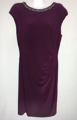 Lauren‎ Ralph Lauren Purple Ruched Jeweled Neck Midi Sheath Dress Size 12 thumbnail 1