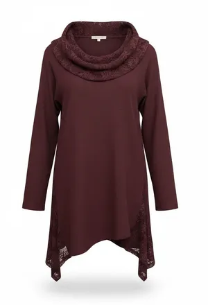 Maurices Lace-Trim Cowl Neck Tunic - Burgundy thumbnail 1