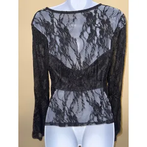 Whimsigoth Black Floral Lace Bell Sleeve‎ V-Neck Sheer Gothic Top L Victorian thumbnail 5