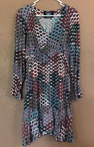 Maeve Anthropologie Multi Color Fan Print V-Neck Long Sleeve Dress Womens Small thumbnail 1
