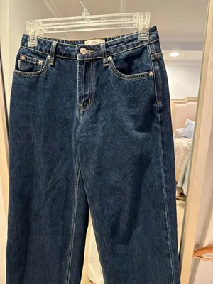 Princess Polly Petite Holly Wide Leg Jeans Dark Wash Raw Hem US 2 thumbnail 3
