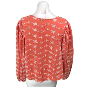 Asos Orange Floral Embroidered Eyelet Puff Long Sleeve V-Neck Blouse Top Size 8 thumbnail 2