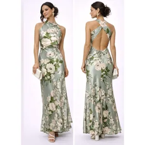 Reformation Anaiis Silk Dress Tarragon Floral Green Open Back High Neck Size 6 thumbnail 2