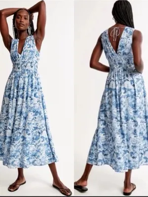 Abercrombie & Fitch Crinkle Shirred Waist Maxi Dress Floral Blue White‎ NEW XS thumbnail 2
