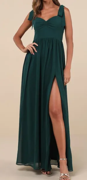 Lulus NWOT Radiant Charisma Emerald Chiffon Ruched Tie-Strap Maxi Dress Medium thumbnail 1