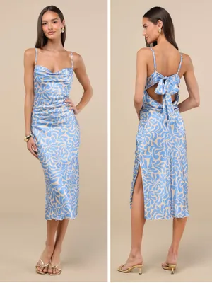 Lulus Midiana Light Blue Abstract Floral Tie-Back Midi Dress Size Medium NWT thumbnail 2