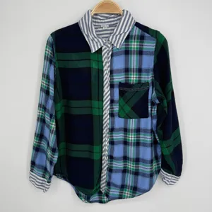 Aerie Flannel Mixed Plaid Button Down Shirt Medium Blue Green Colorblock Preppy thumbnail 2