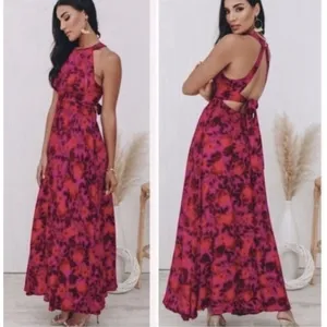 Abel The Label Anthropologie Charlotte Maxi Dress Small Fuschia Red Floral Boho thumbnail 3
