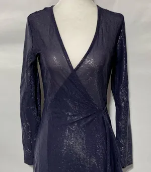 & Other Stories Sheer Metallic Long Sleeve Midi Wrap Dress Navy Blue Size 2 thumbnail 5