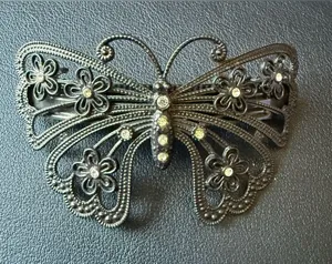 Y2K Silver Pewter Tone Hair Clip Metal Rhinestone Butterfly Floral Clip thumbnail 1