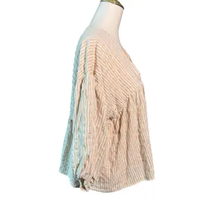 Wishlist Tan White Striped V-Neck Balloon Sleeve Babydoll Blouse Large thumbnail 2