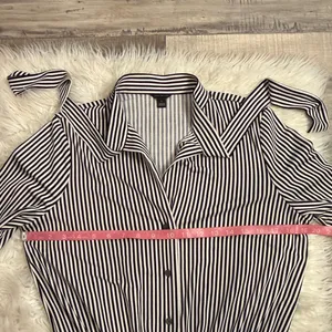Ann Taylor striped stretch button front top blouse tie neck blouson sleeves S thumbnail 7
