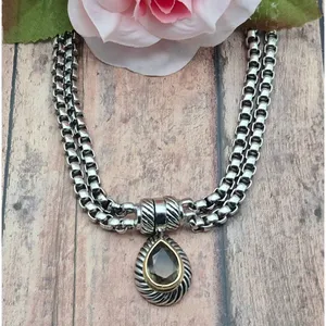 Choker Collar Pendant Necklace Silver Tone Double Box Chain Smokey Teardrop 16" thumbnail 7