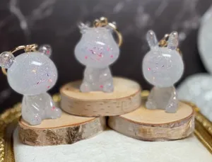 Handmade Glittery Resin Animal Keychains, Rabbit, Deer, Bear with pink glitter, gold thumbnail 1