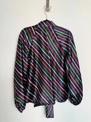kate spade Black Satin Tie-Neck Blouse with Pink, Green, Blue and White Stripes thumbnail 9