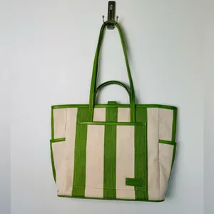 NWT & OTHER STORIES Green Canvas Leather Trim Large Tote Bag thumbnail 6