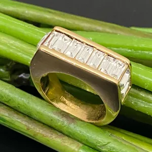 Vintage 18KGE Gold Electroplated Pave Baguette Clear Stones Flat Top Unisex Ring thumbnail 1