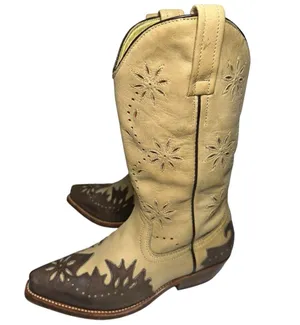 Loblan Women’s Size 7 Tan Brown Pointed Toe Leather Decorative Cowboy Boots thumbnail 1