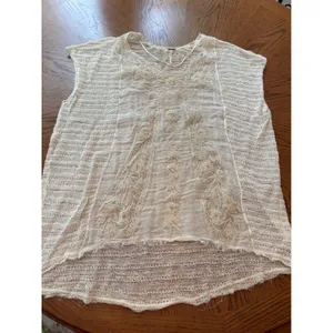 Free People‎ White Embroidered Mesh Knit Oversized Boho V-Neck Top Medium thumbnail 2