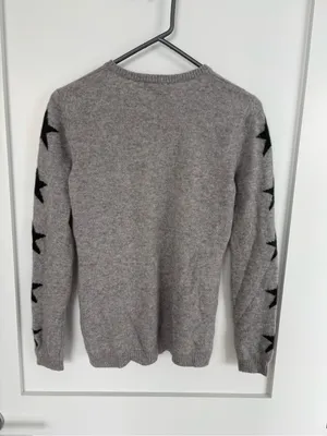 Aqua Cashmere Gray Black Star Sleeve 100% Cashmere Crew Neck Sweater Medium thumbnail 4