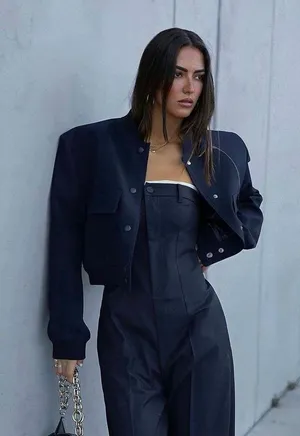 ZARA Casual Bomber Jacket Coat Navy Blue Cropped Blogger thumbnail 11