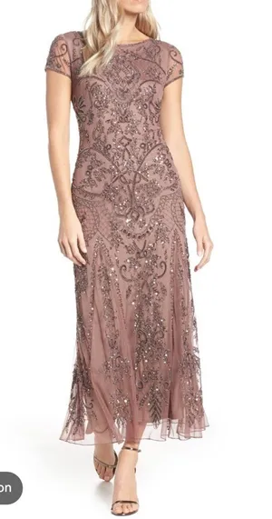 Pisarro Nights Embellished Mesh MIDI Gown Beaded Sz 10 Mauve NWT $268 thumbnail 1