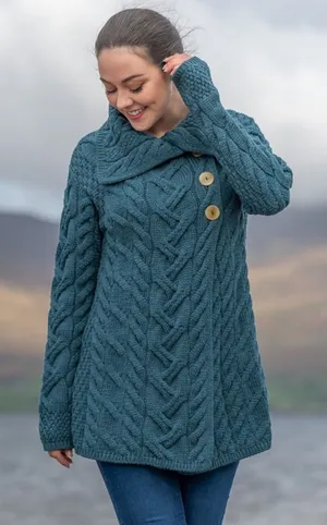 Aran Woollen Mills 3 Button Long Supersoft Merino Wool Cableknit Cardigan Blue thumbnail 1