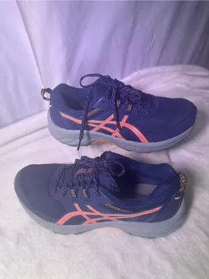 Asics Navy Running Shoe with Coral Stripes and Yellow-Green Outsole thumbnail 3