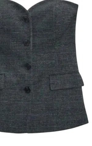 Zara Gray Plaid Strapless Bustier Top corset waistcoat office siren tailored thumbnail 1