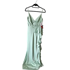 Mac Duggal Pistachio Green Satin Ruffled Maxi Dress 67815 Size 6 Sleeveless thumbnail 3