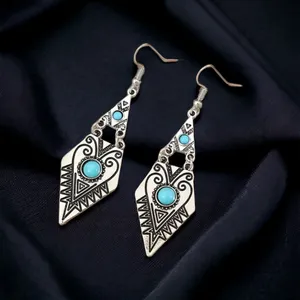 Carved Geometric Shape With Turquoise Decor Dangle Earrings Retro Bohemian Style thumbnail 6