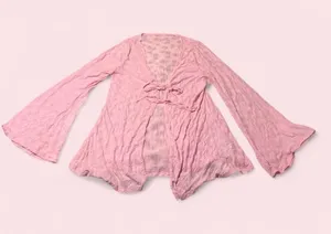 SHEIN Pink Crinkle Tie-Front Bell Sleeve Cardigan thumbnail 1