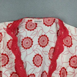 Papaya Tunic Top Womens M White Red Floral Lace Trim Boho Cap Sleeve Babydoll thumbnail 2