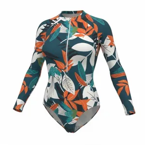 Long-Sleeve Teal Floral One-Piece Swim Suit with Front Zip Size L thumbnail 1
