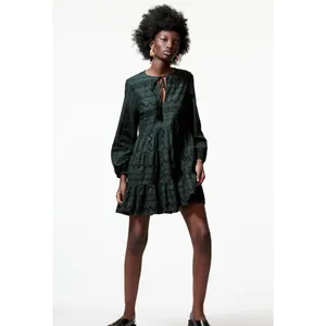 Zara Boho Oversized Embroidered Long Sleeve Mini Dress Tassel V Neck XS Green thumbnail 12