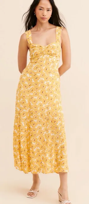 Free People Yellow Floral Midi Dress with Sweetheart Bodice thumbnail 1