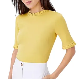Ann Taylor Ruffle Neck Elbow Sleeve Top Yellow Size SP thumbnail 1