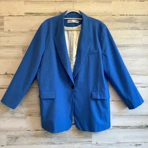 Zara Women's XXL Classic Single Breasted‎ Longline Oversized Blazer Jacker Blue thumbnail 1