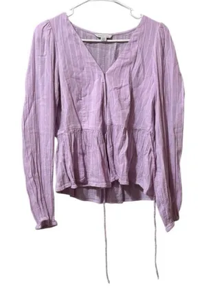 American Eagle Women Sz Medium Blouse Long Sleeve‎ Tie Lightweight V Neck Preppy thumbnail 1