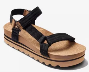 Reef Cushion Rem Hi Black Platform Strappy Cork Sandals Womens 9 thumbnail 1