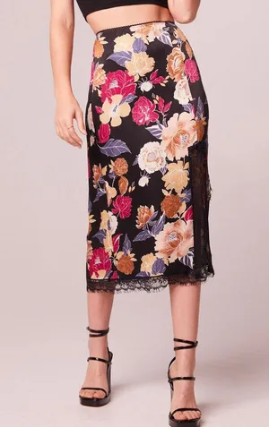 New Band of the Free Floral Print Lace Slit Slip Midi Skirt Black Multi Size XS thumbnail 4